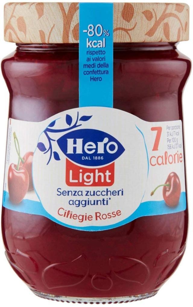 Hero Light Confettura di Ciliegie Rosse Light, 8 Vasetti da 280 gr,  Marmellata e Confettura Extra con Frutta di Alta Qualità, Senza Zuccheri  aggiunti