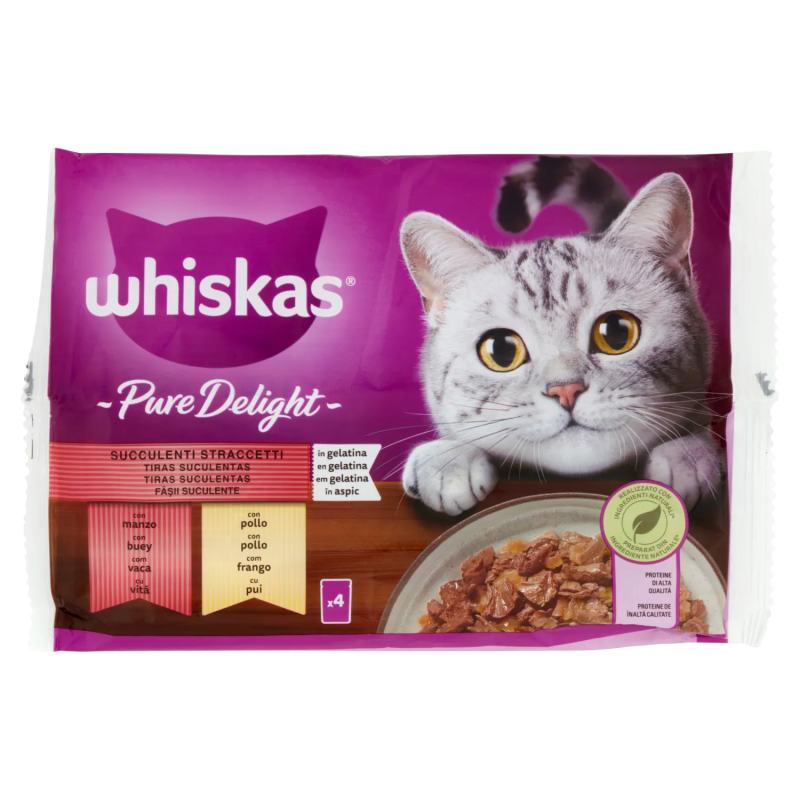 5900951303241 Whiskas Gatto Pure Delight Succulenti Straccetti in Gelatina con Manzo e Pollo 4x85gr