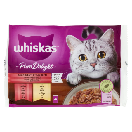 5900951303241 Whiskas Gatto Pure Delight Succulenti Straccetti in Gelatina con Manzo e Pollo 4x85gr