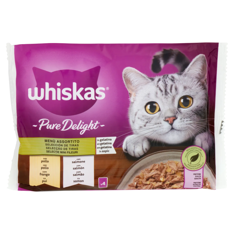 Whiskas Gatto Pure Delight Menù Assortito in gelatina con pollo, con salmone 4x85gr