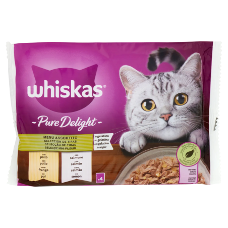 5900951303289 Whiskas Gatto Pure Delight Menù Assortito in gelatina con pollo, con salmone 4x85gr