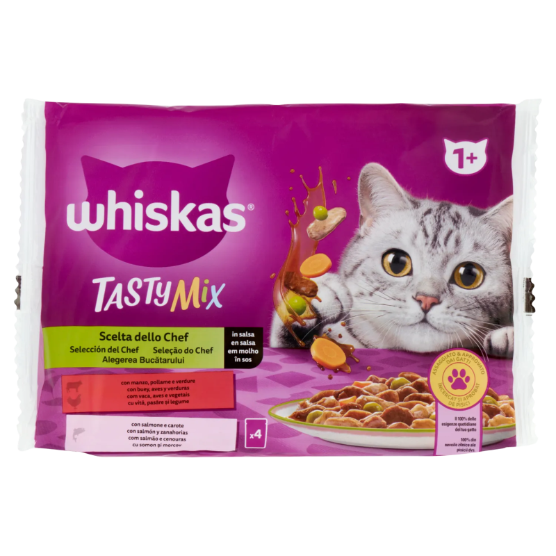 Whiskas Tasty Mix Scelta dello Chef In Salsa Con Manzo Pollame e Verdure, Con Salmone e Carote 4x85gr