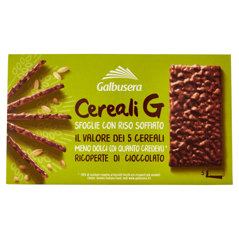 Galbusera Cereali G Sfoglie con Riso Soffiato Ricoperte di Cioccolato 5x30gr