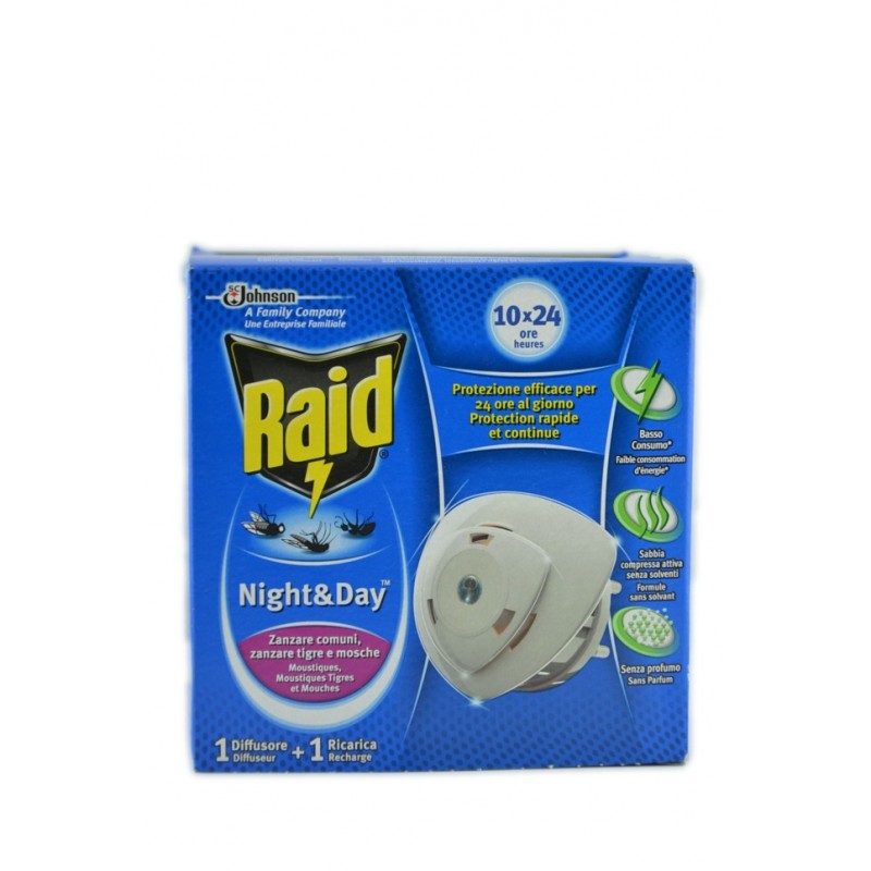 3092830003877 RAID NIGHT & DAY DIFFUSORE + RICARICA ZANZARE COMUNI, ZANZARE TIGRE E MOSCHE 1PZ